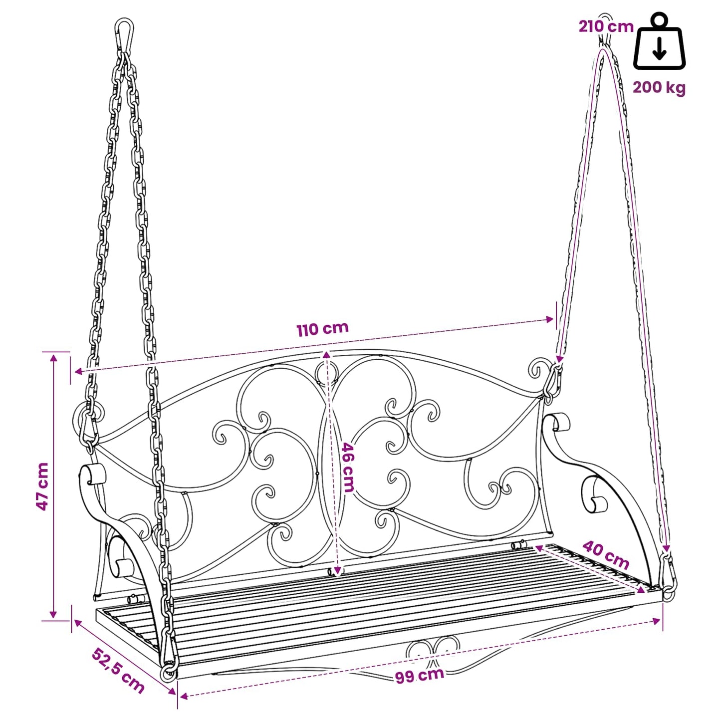 Panchina a Dondolo Acciaio 110 x 52,5 x 47 cm Bianco Antico