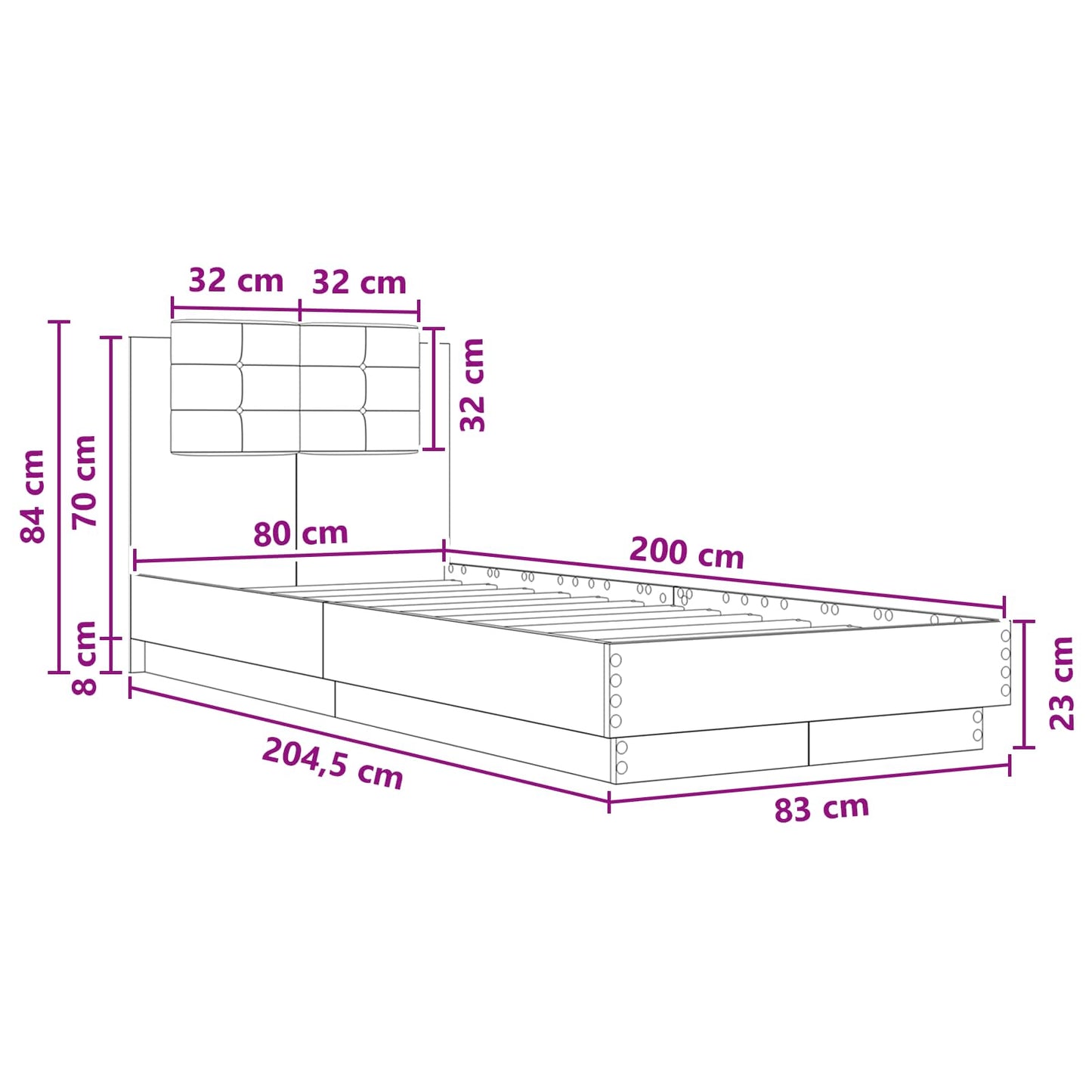 Struttura letto con testata Rovere Nero 80 x 200 cm | homemem39