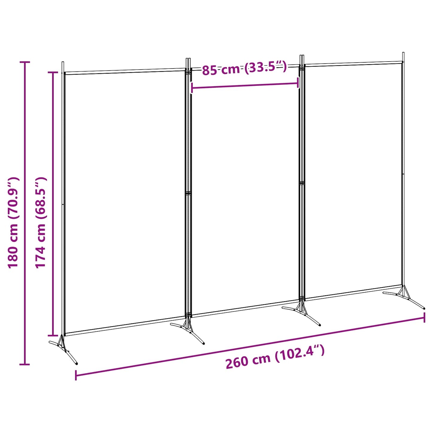 Paravento a 3 pannelli Beige 260 x 180 cm Tessuto