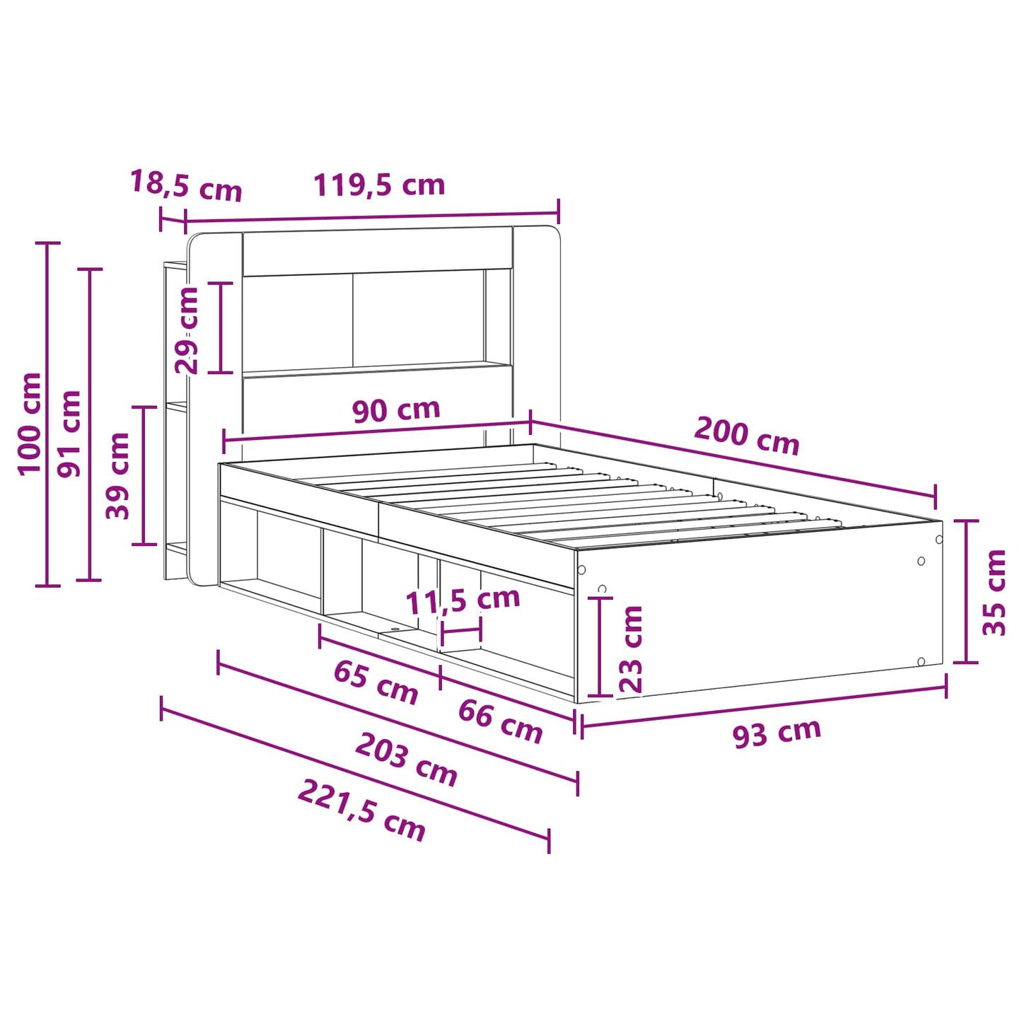 Telaio del letto con storage con testiera Nero 90 x 200 cm | homemem39