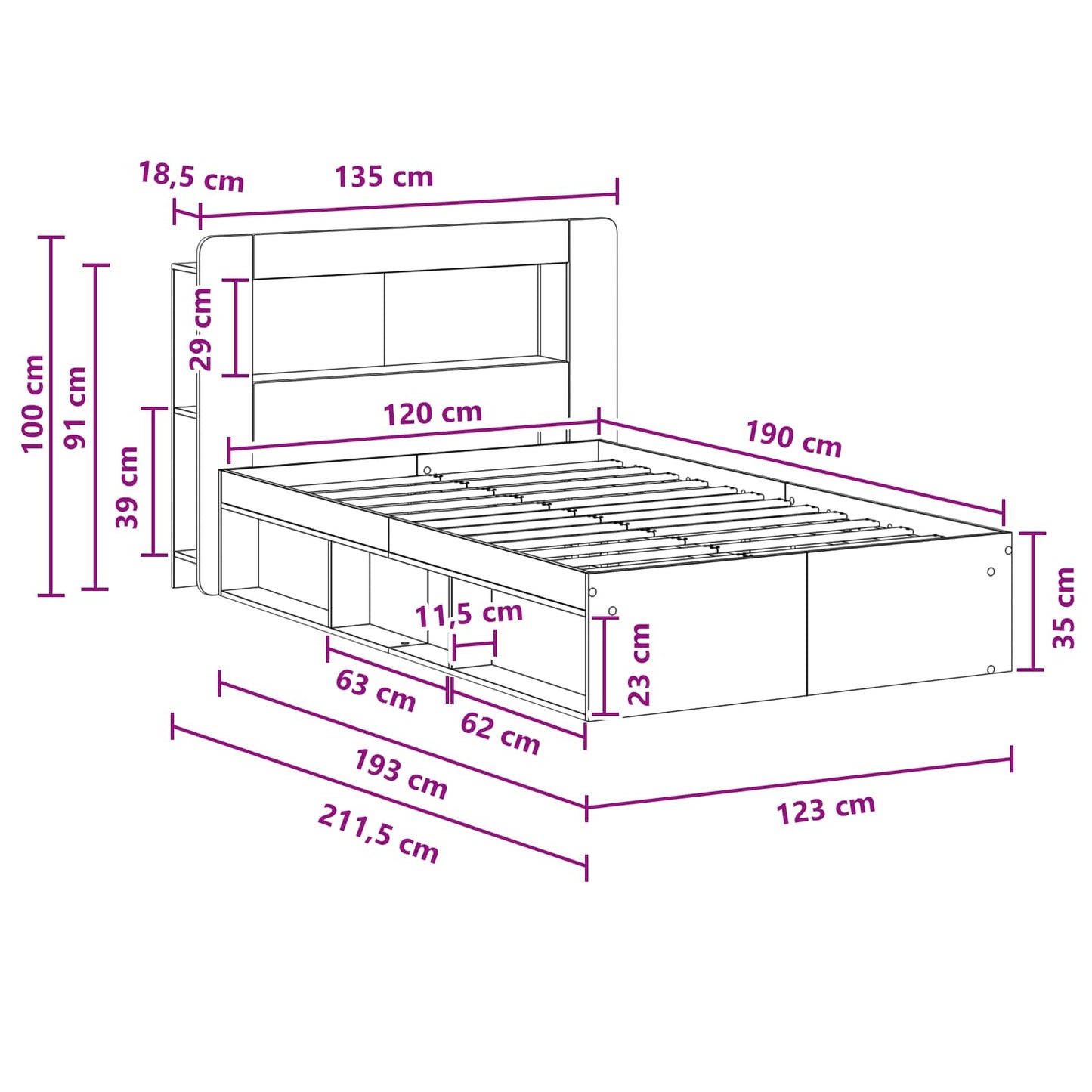 Telaio del letto con storage Legno antico 120 x 190 cm | homemem39