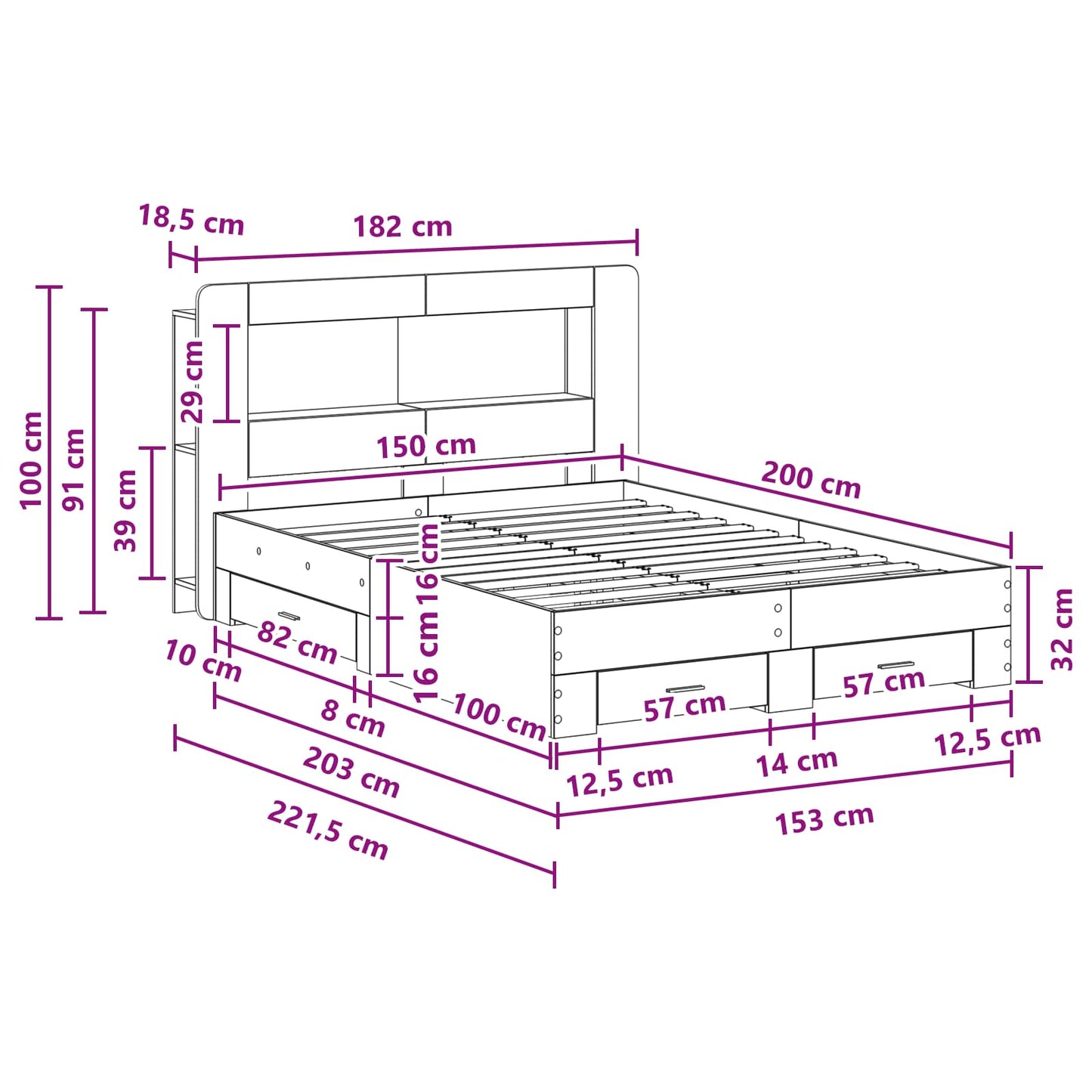 Telaio del letto con storage Rovere Fumo 150 x 200 cm | homemem39
