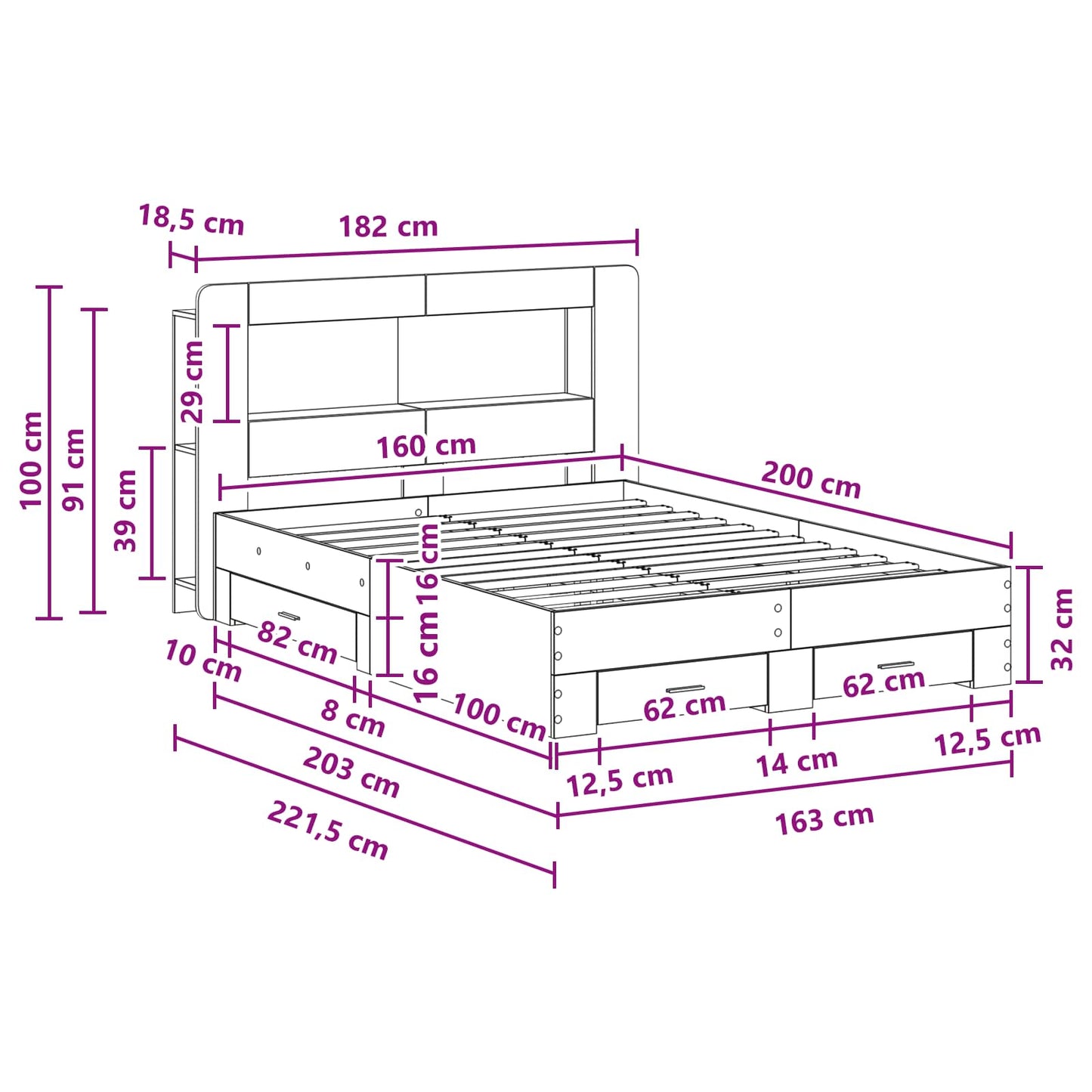 Telaio del letto con storage Sonoma grigio 160 x 200 cm | homemem39