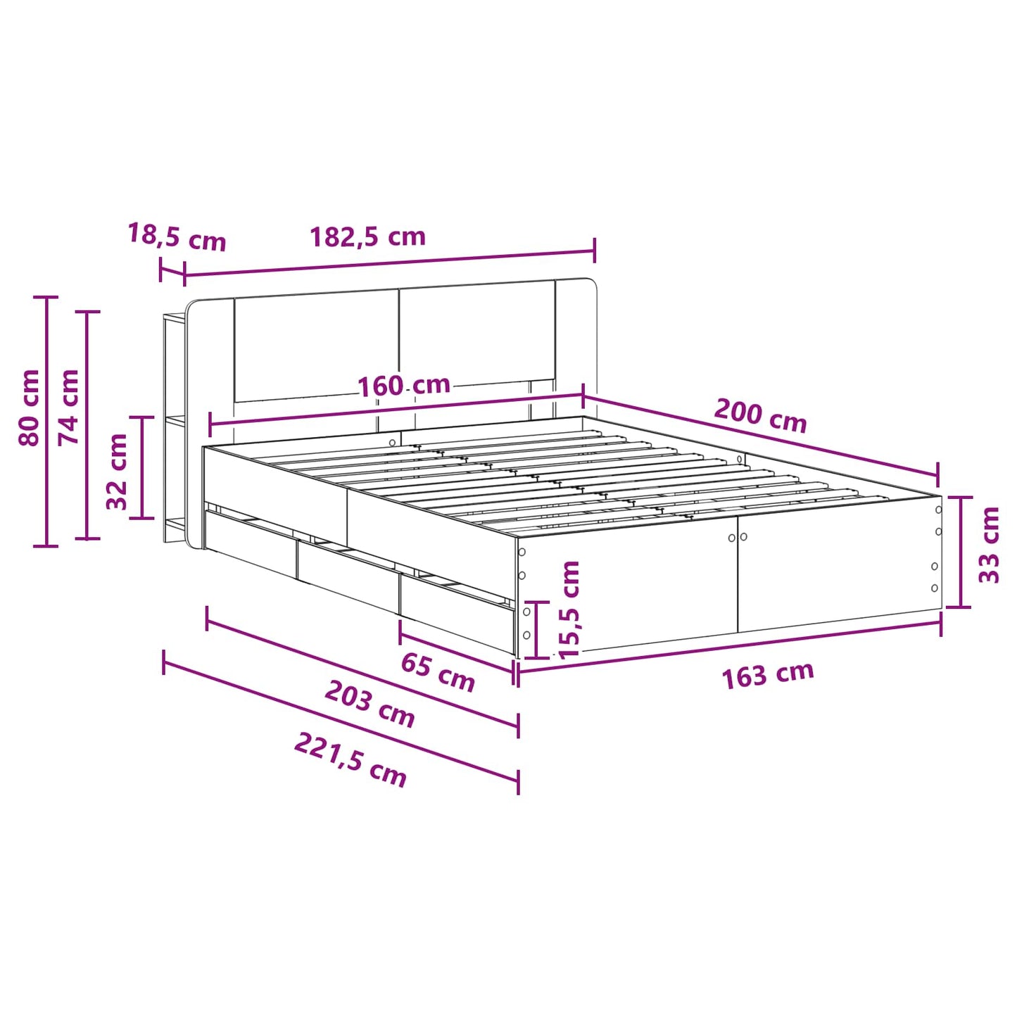 Telaio del letto con storage Sonoma grigio 160 x 200 cm | homemem39