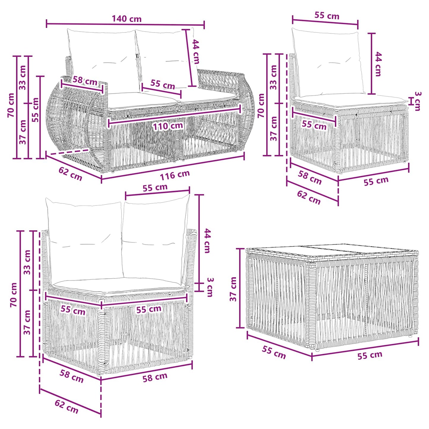 Set Divano da Giardino 7 pcs Nero e Bianco Crema polyrattan | homemem39