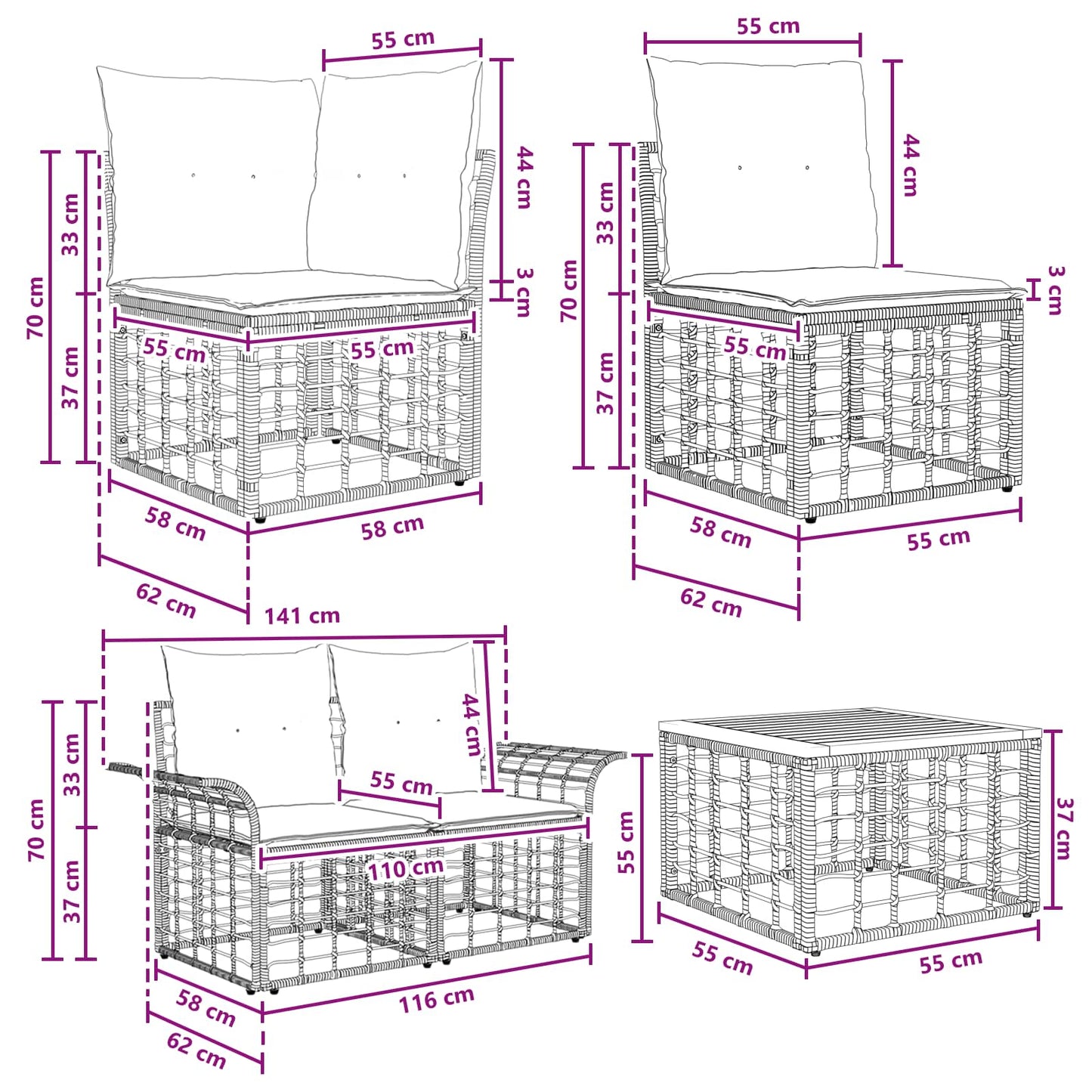 Set di divani da esterno 8 pz Nero e Grigio scuro Poliestere