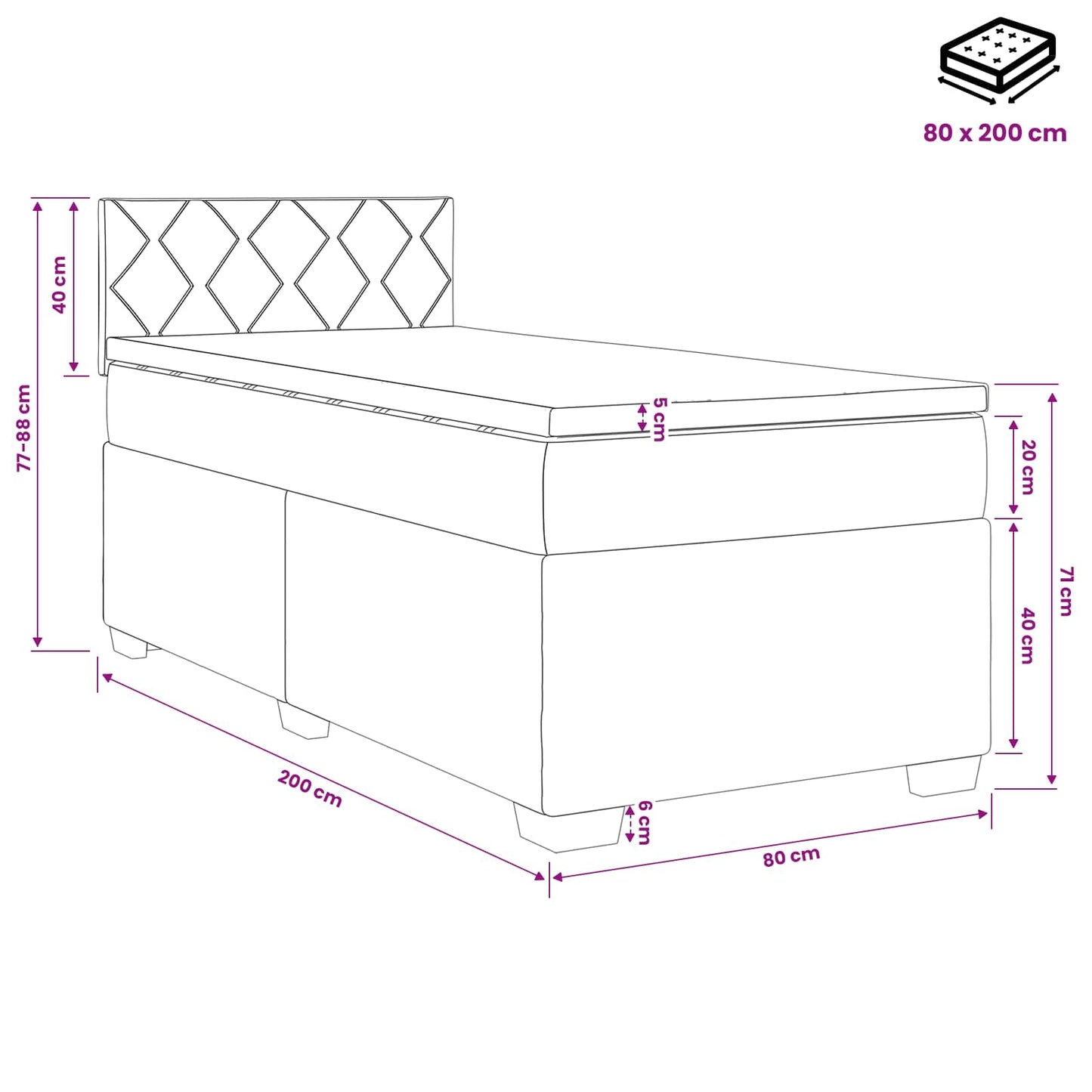 Letto con Box Spring, Materasso e LED Blu 80 x 200 cm Tessuto | homemem39