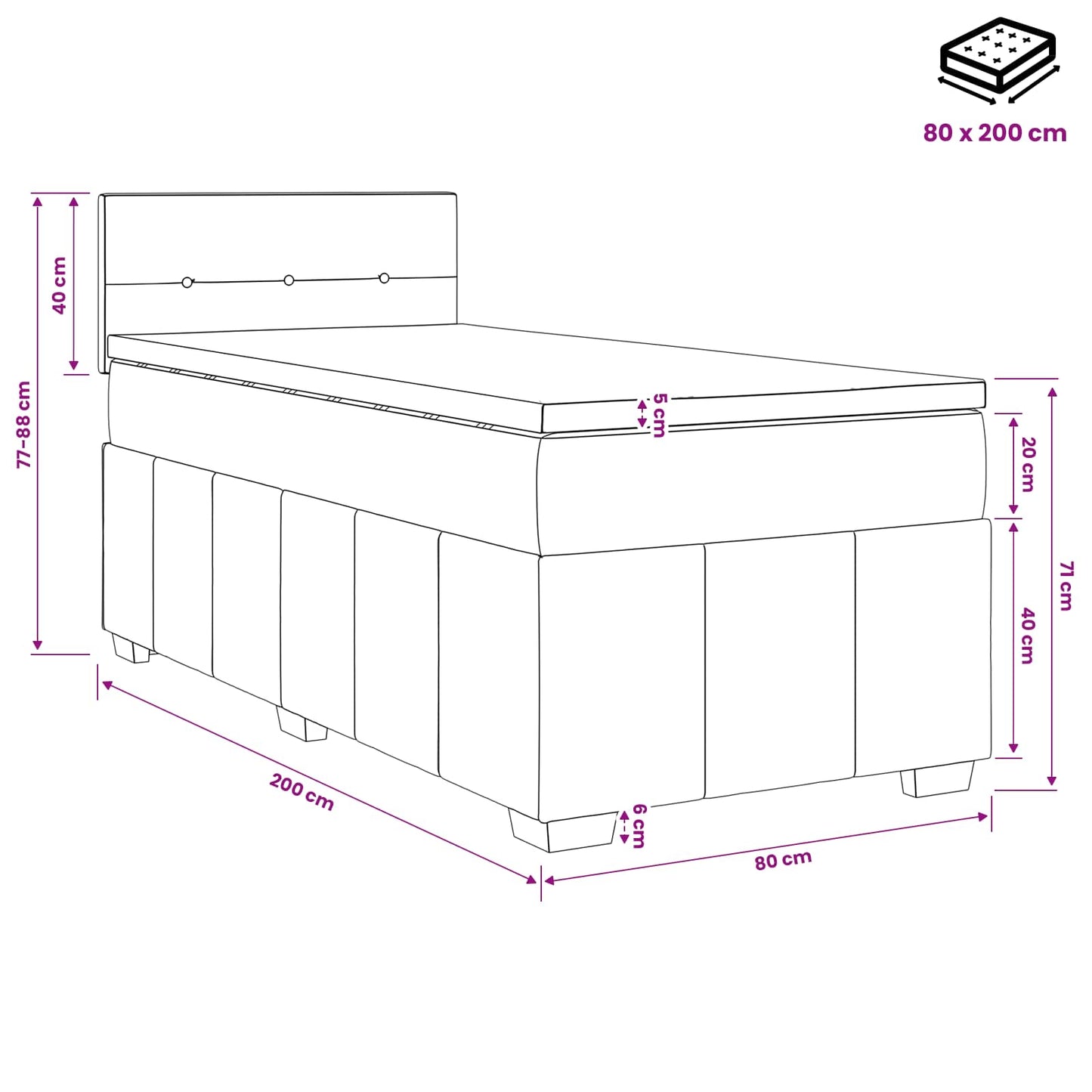 Letto box spring con materasso Nero 80 x 200 cm Tessuto | homemem39
