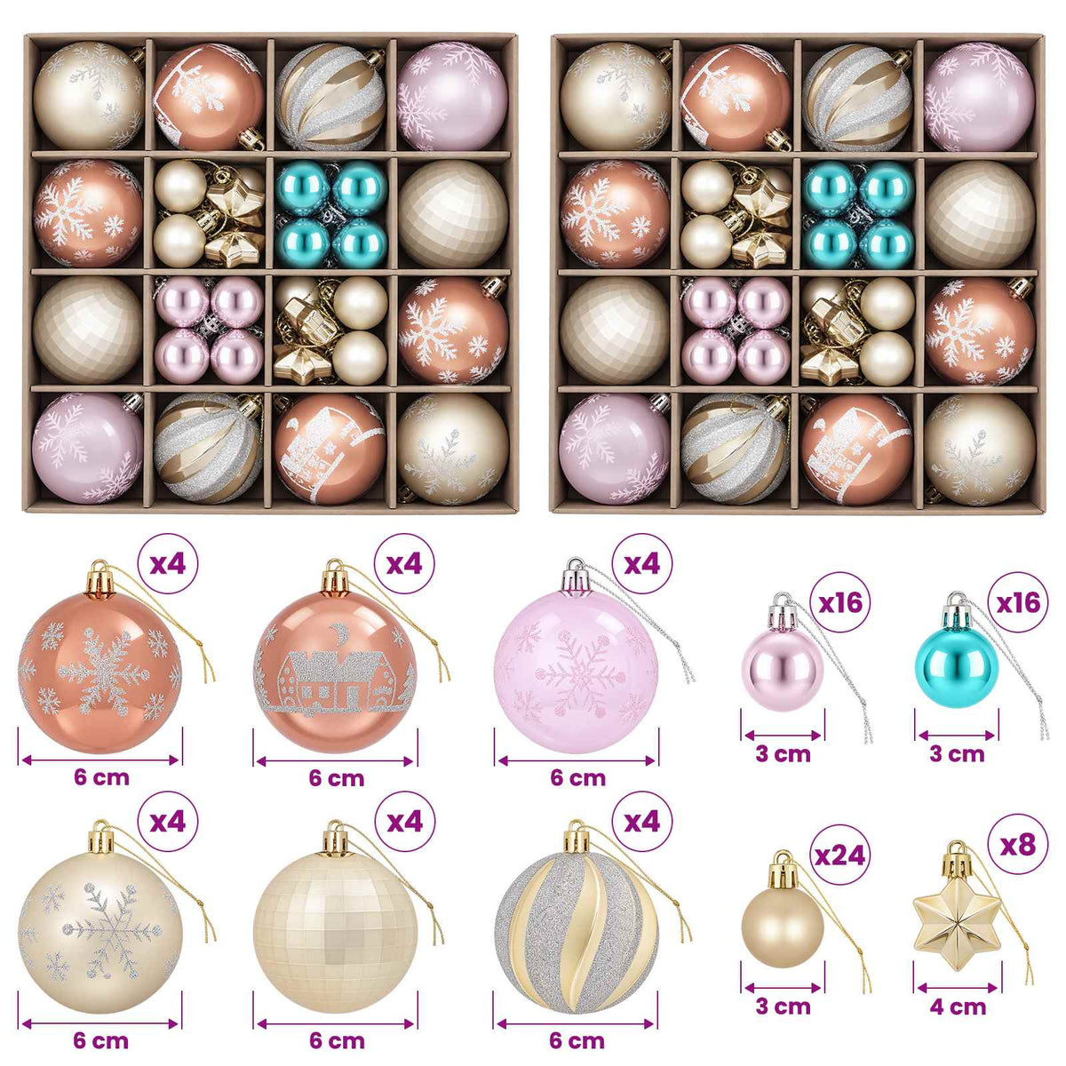 Set di Palline di Natale 88 pz Rosa, oro, marrone e turchese