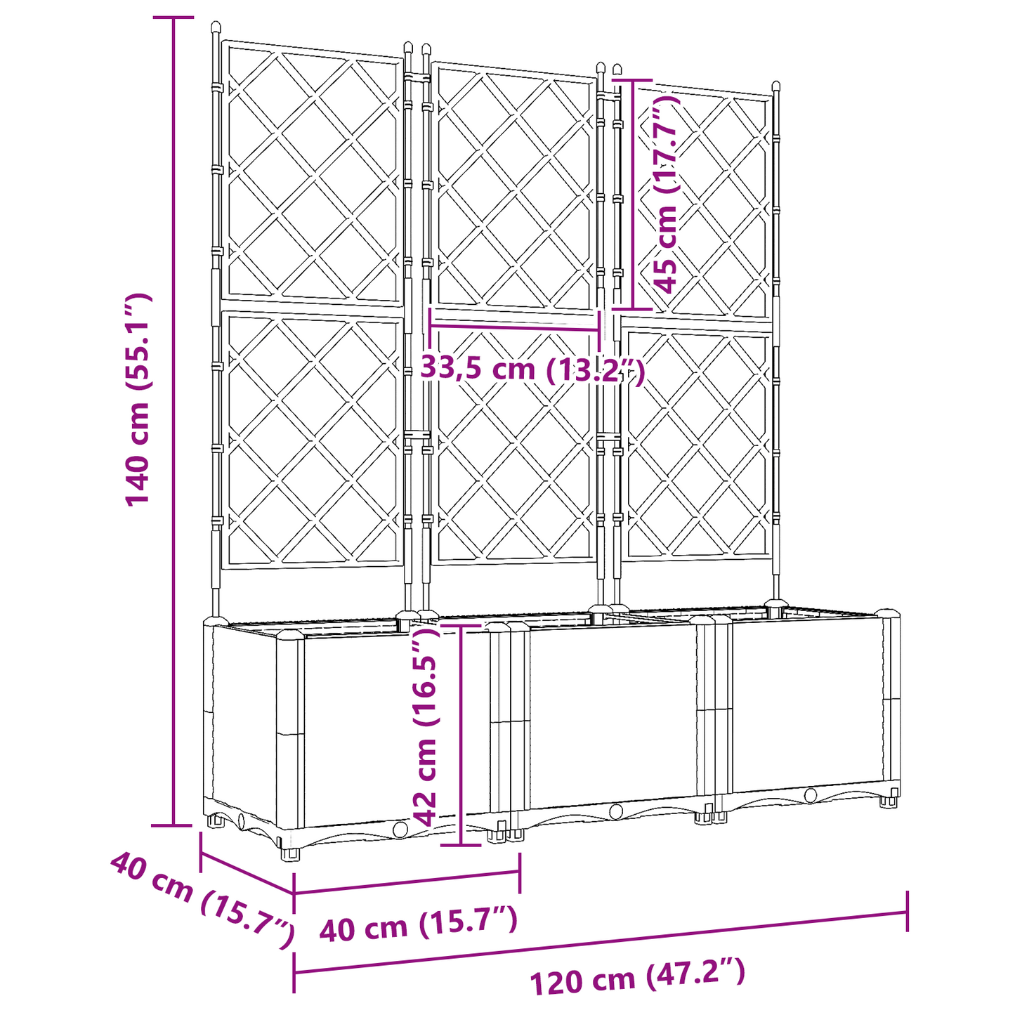 Vaso da Giardino con Trellis 3 pcs Grigio 120 x 40 x 143 cm PP