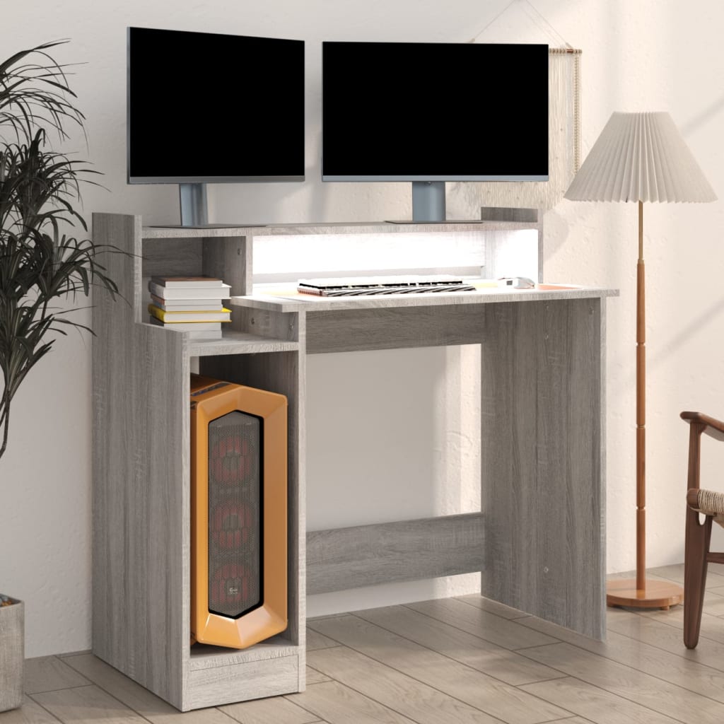 Scrivania con Luci LED Grigio Sonoma 97x45x90 cm in Multistrato - homemem39