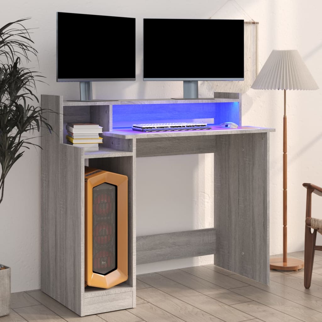 Scrivania con Luci LED Grigio Sonoma 97x45x90 cm in Multistrato - homemem39