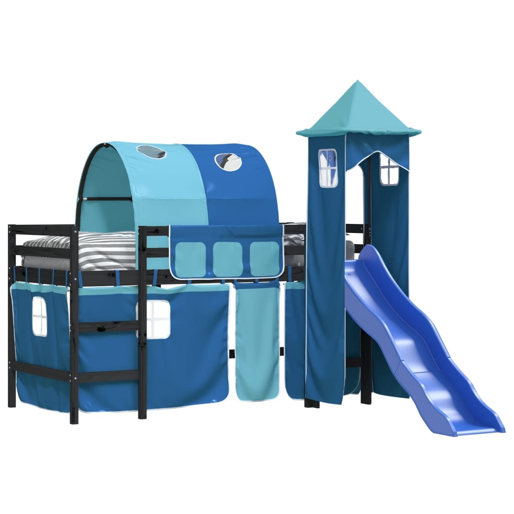 Letto a Soppalco con Torre Bambini Blu 90x190cm Massello Pino - homemem39