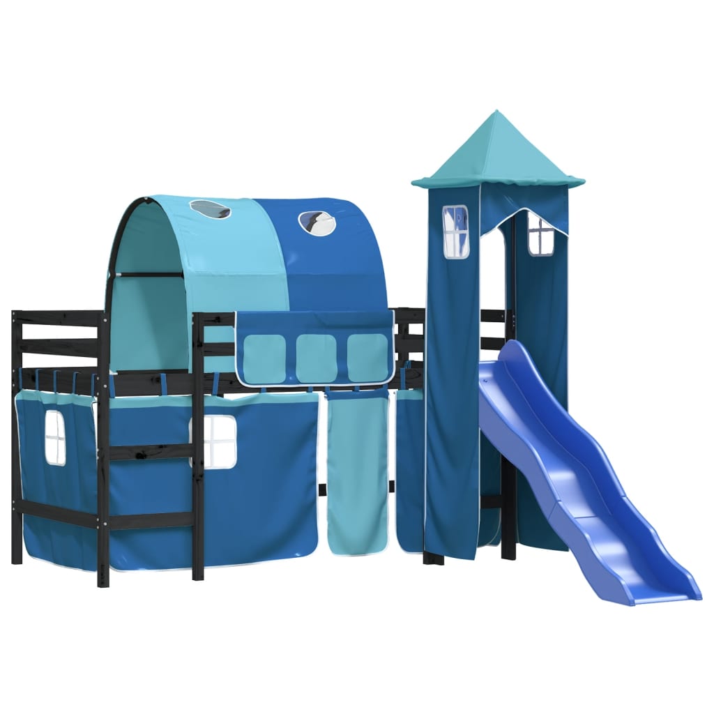 Letto a Soppalco con Torre Bambini Blu 90x190cm Massello Pino - homemem39