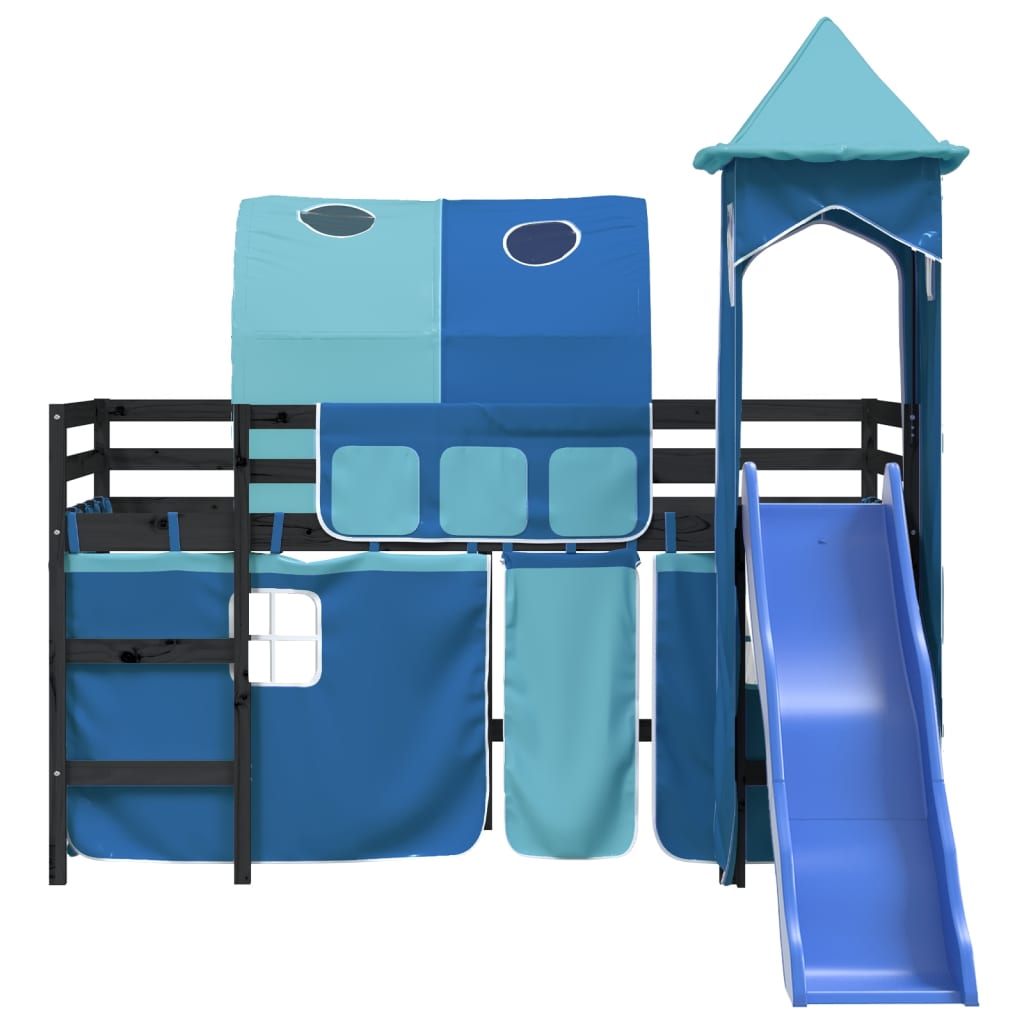 Letto a Soppalco con Torre Bambini Blu 90x190cm Massello Pino - homemem39