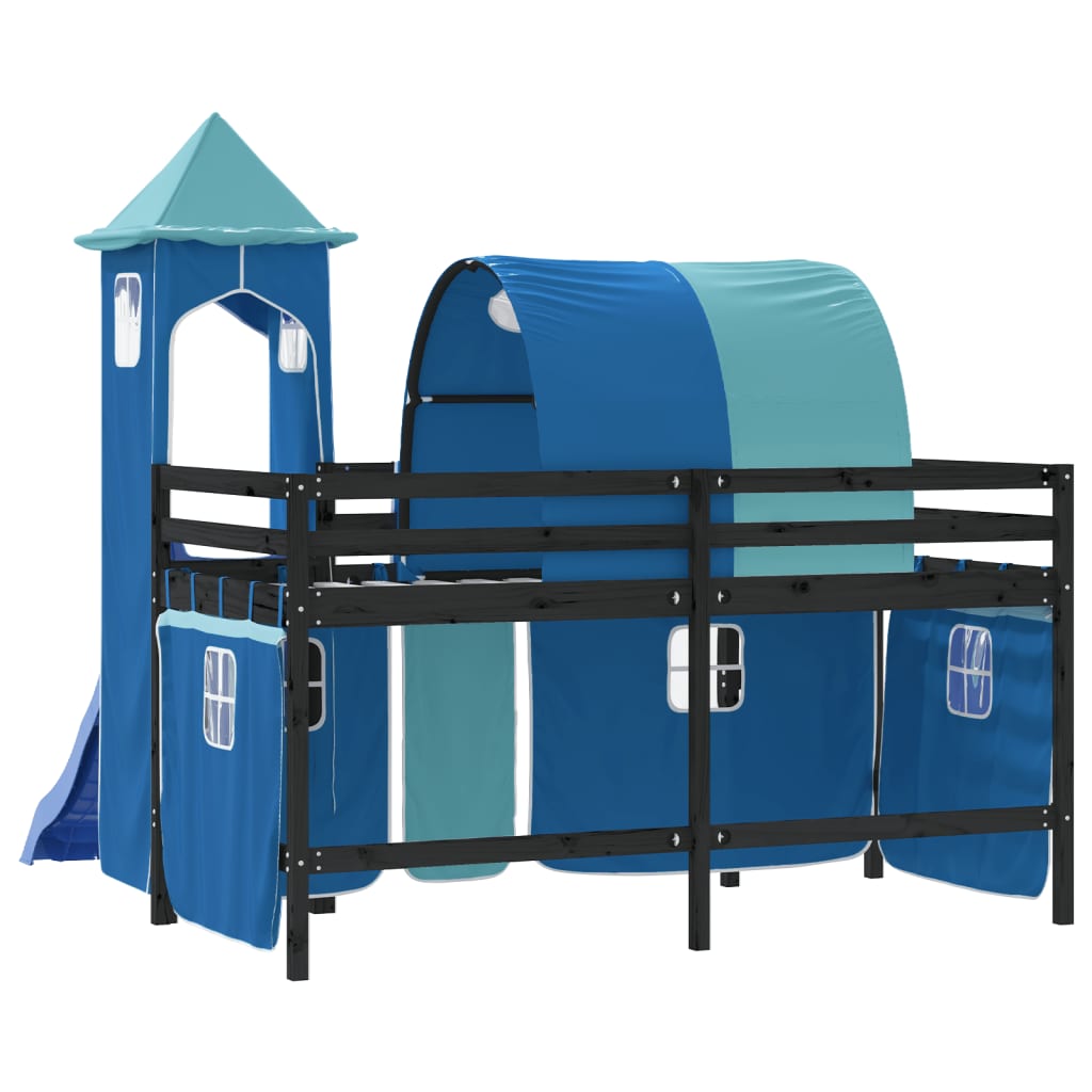 Letto a Soppalco con Torre Bambini Blu 90x190cm Massello Pino - homemem39