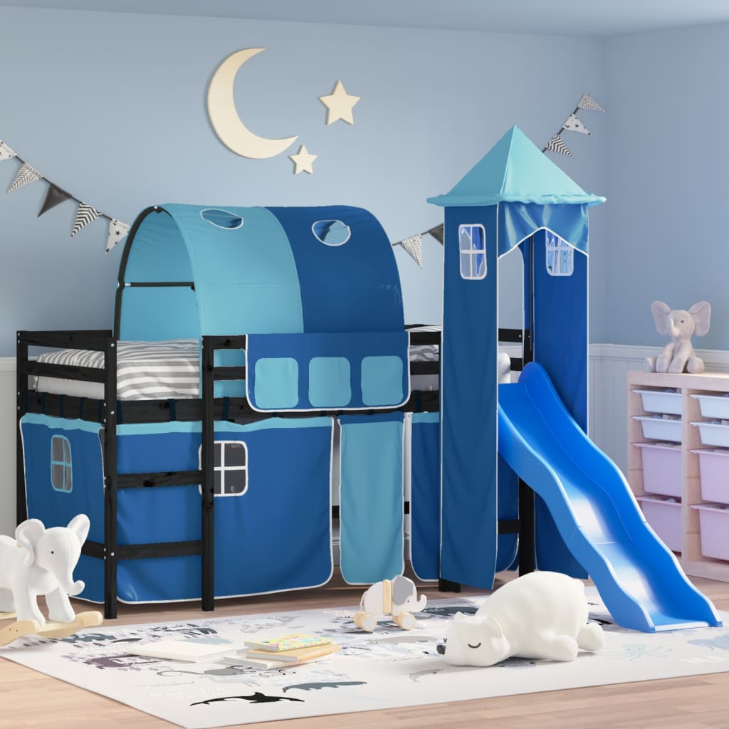Letto a Soppalco con Torre Bambini Blu 90x190cm Massello Pino - homemem39