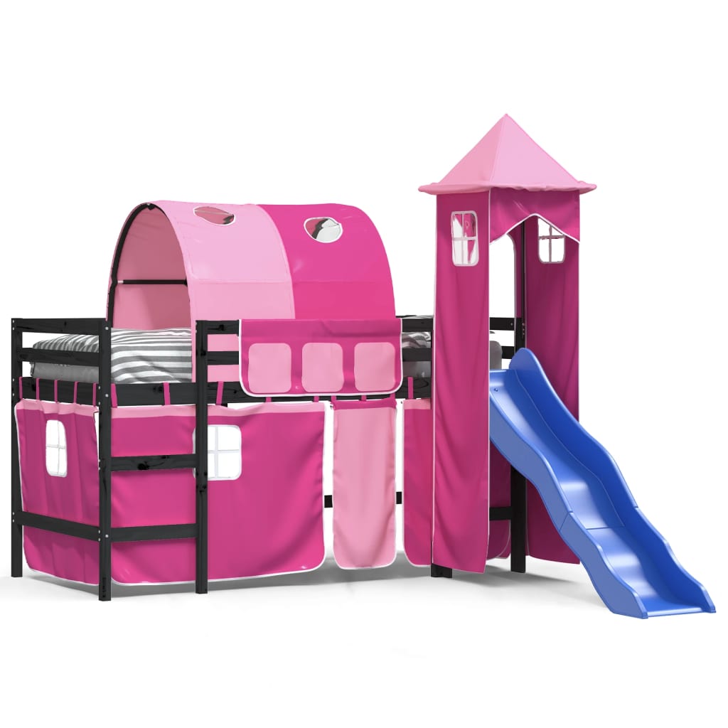 Letto a Soppalco con Torre Bambini Rosa 90x190cm Massello Pino - homemem39
