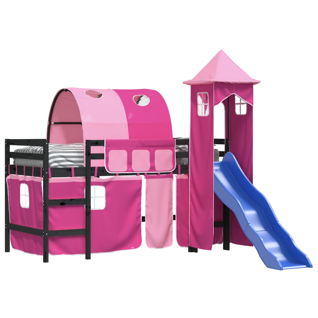 Letto a Soppalco con Torre Bambini Rosa 90x190cm Massello Pino - homemem39