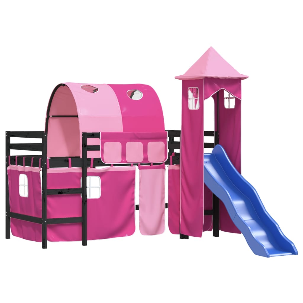 Letto a Soppalco con Torre Bambini Rosa 90x190cm Massello Pino - homemem39
