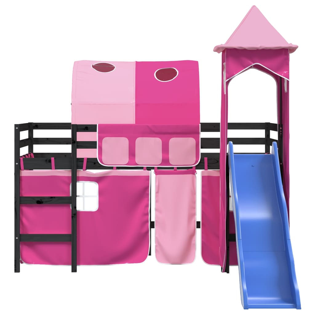 Letto a Soppalco con Torre Bambini Rosa 90x190cm Massello Pino - homemem39