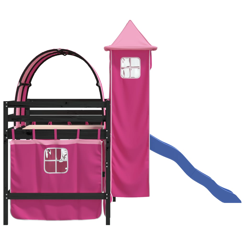 Letto a Soppalco con Torre Bambini Rosa 90x190cm Massello Pino - homemem39