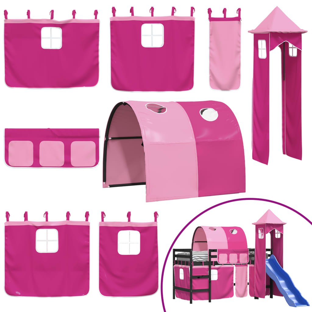 Letto a Soppalco con Torre Bambini Rosa 90x190cm Massello Pino - homemem39