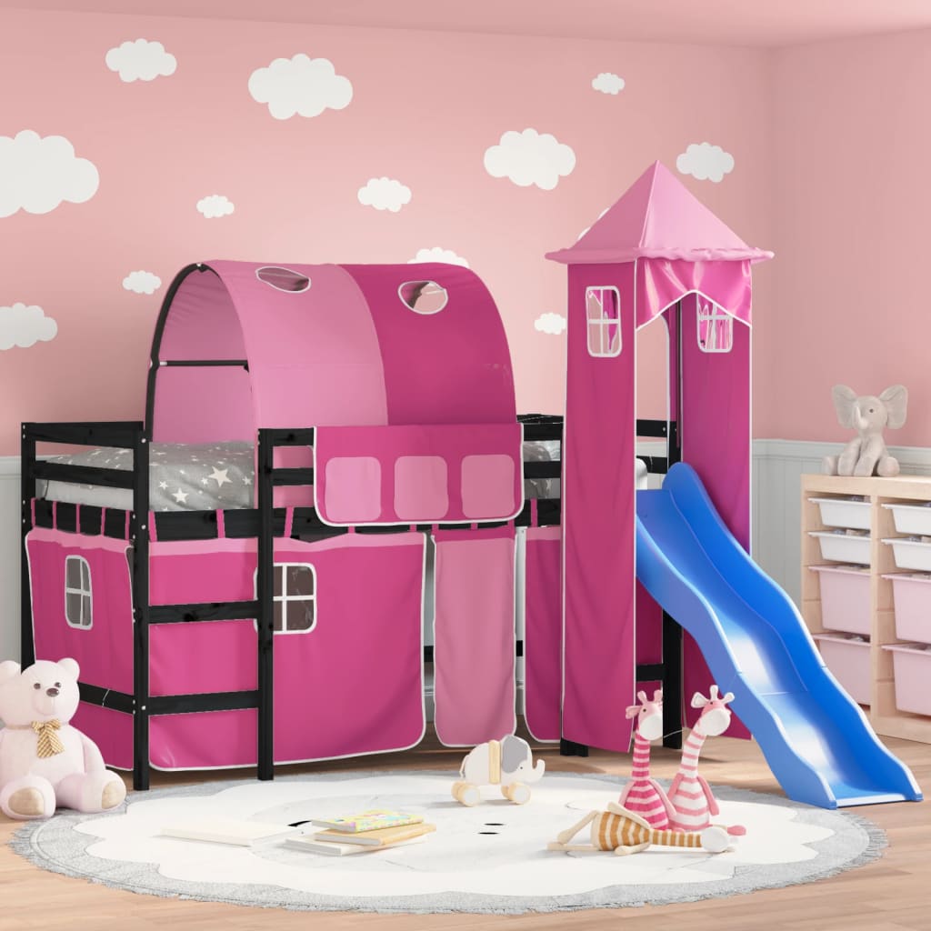 Letto a Soppalco con Torre Bambini Rosa 90x190cm Massello Pino - homemem39
