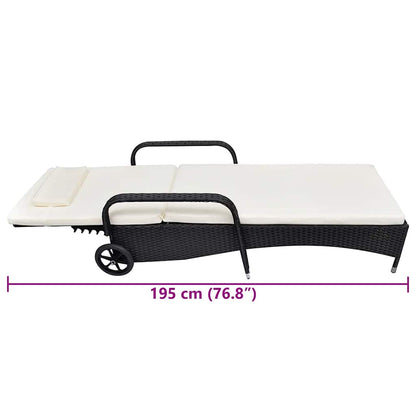 Lettino Prendisole con Cuscino e Ruote in Polyrattan Nero