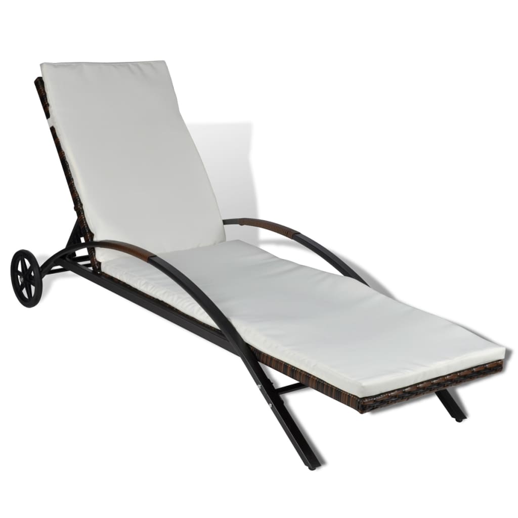 Lettino Prendisole con Cuscino e Ruote in Polyrattan Marrone | homemem39