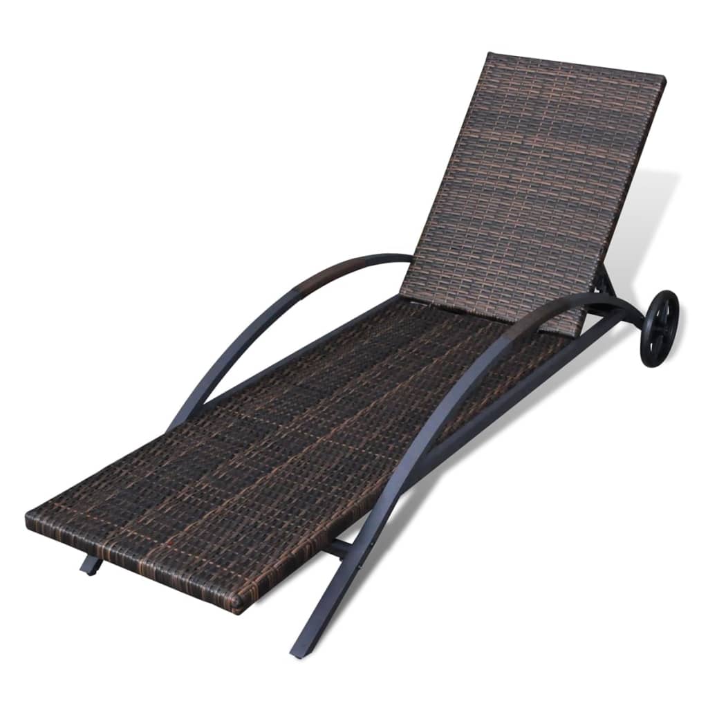 Lettino Prendisole con Cuscino e Ruote in Polyrattan Marrone | homemem39