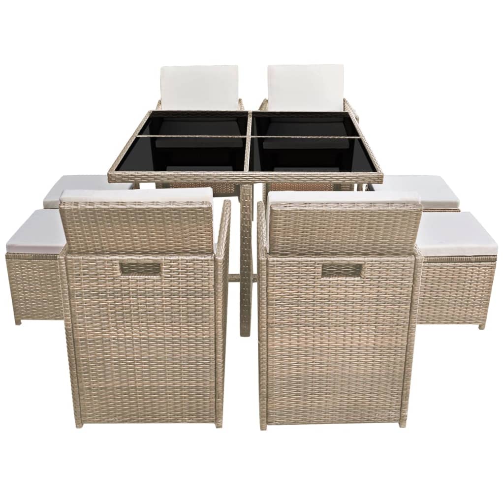 Set da Pranzo da Giardino 9 pz con Cuscini in Polyrattan Beige - homemem39