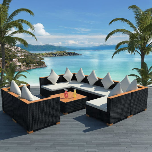 Set Divani da Giardino 9 pz con Cuscini in Polyrattan Nero - homemem39