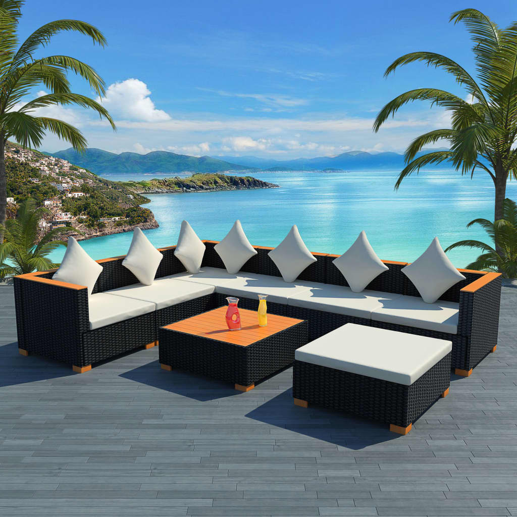 Set Divani da Giardino 8 pz con Cuscini in Polyrattan Nero - homemem39