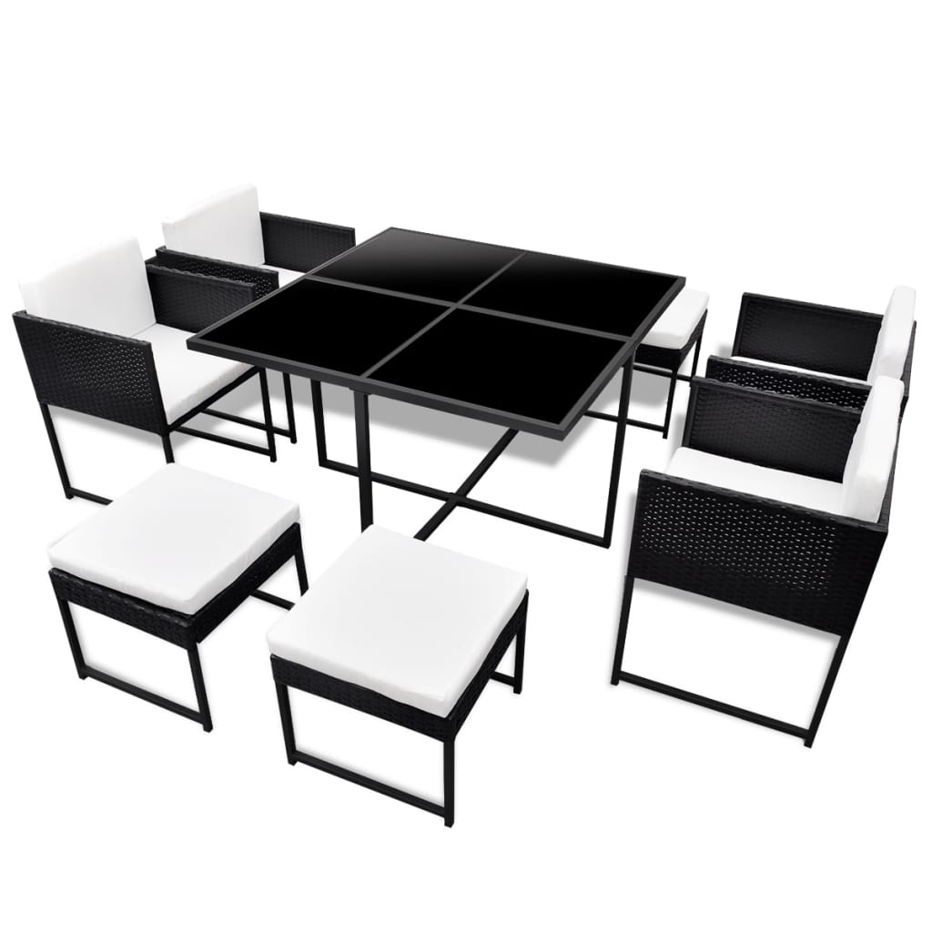 Set da Pranzo da Giardino 9 pz con Cuscini in Polyrattan Nero | homemem39