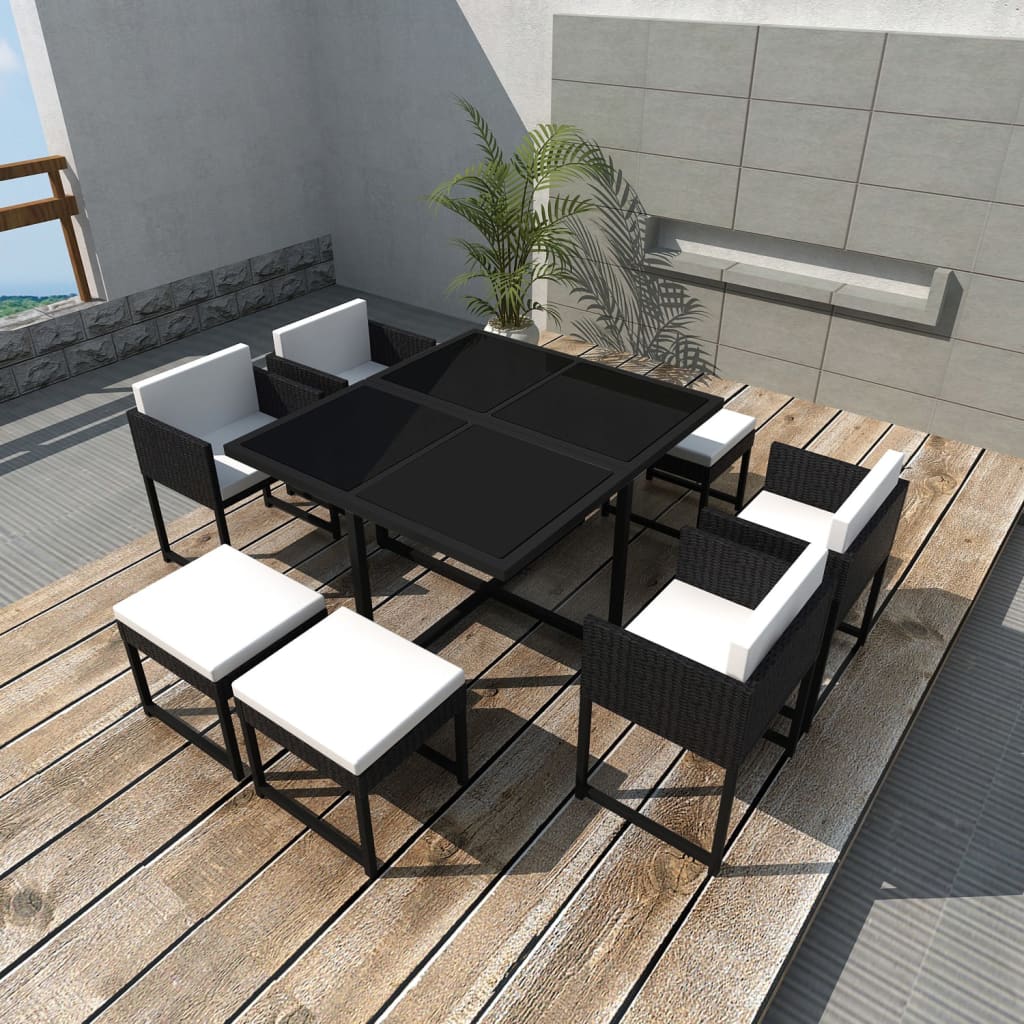 Set da Pranzo da Giardino 9 pz con Cuscini in Polyrattan Nero | homemem39