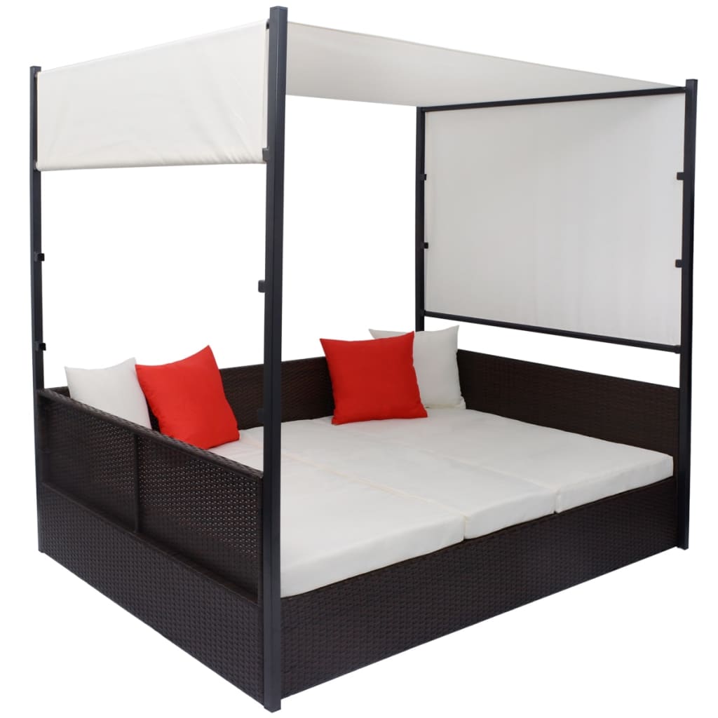 Lettino da Giardino con Tetto Marrone 190x130 cm in Polyrattan - homemem39