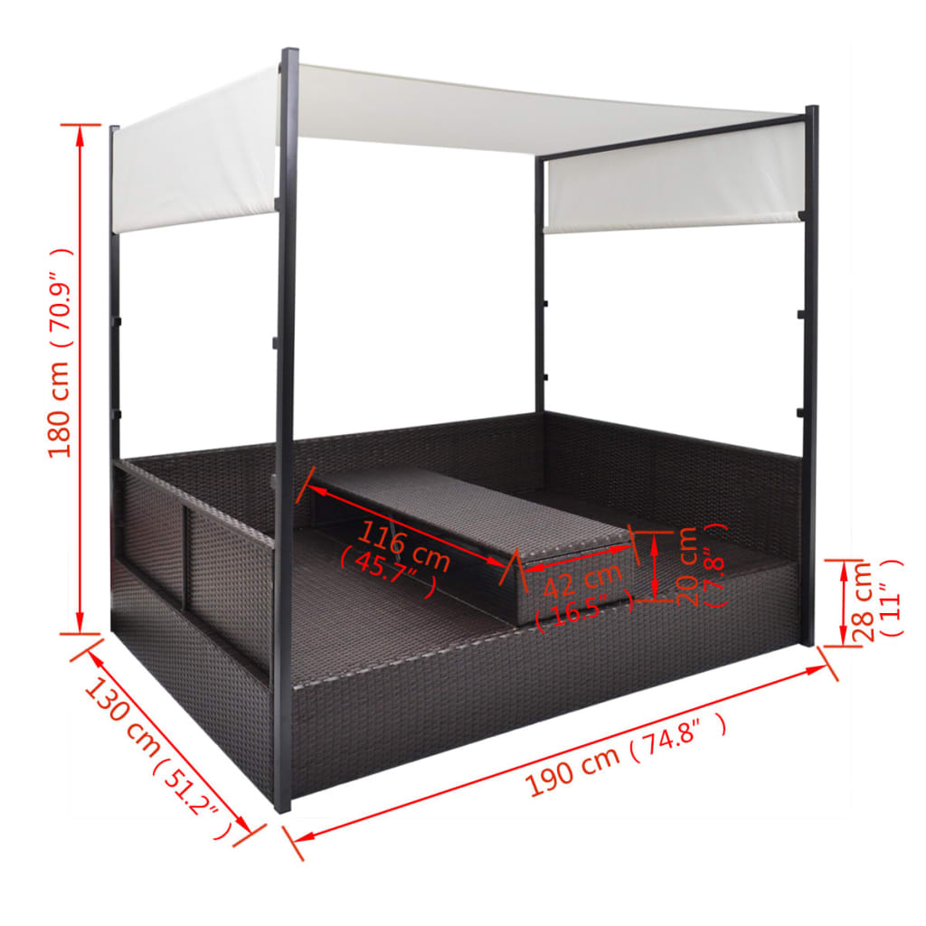 Lettino da Giardino con Tetto Marrone 190x130 cm in Polyrattan | homemem39