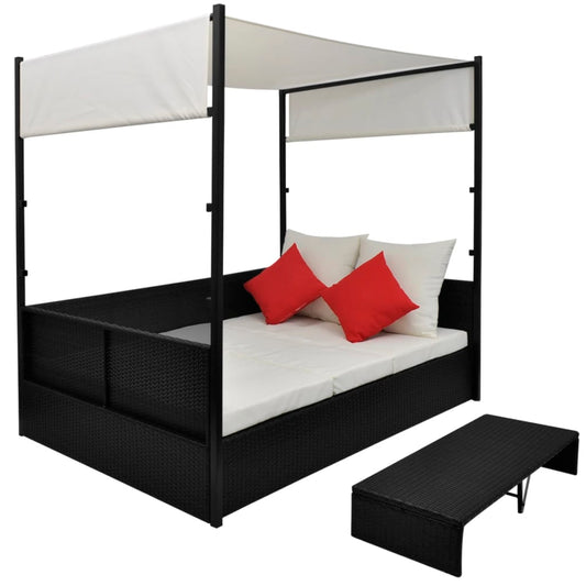 Lettino da Giardino con Tetto Nero 190x130 cm in Polyrattan - homemem39