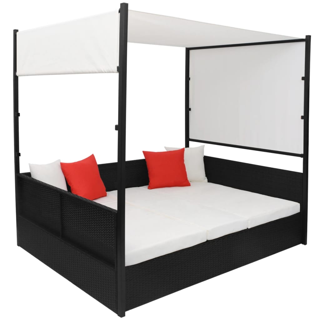 Lettino da Giardino con Tetto Nero 190x130 cm in Polyrattan - homemem39