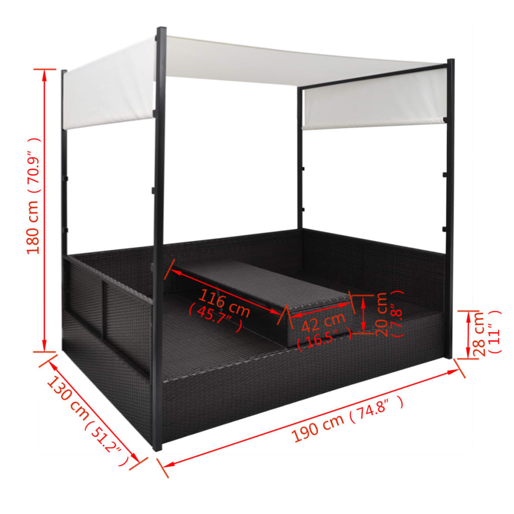 Lettino da Giardino con Tetto Nero 190x130 cm in Polyrattan | homemem39