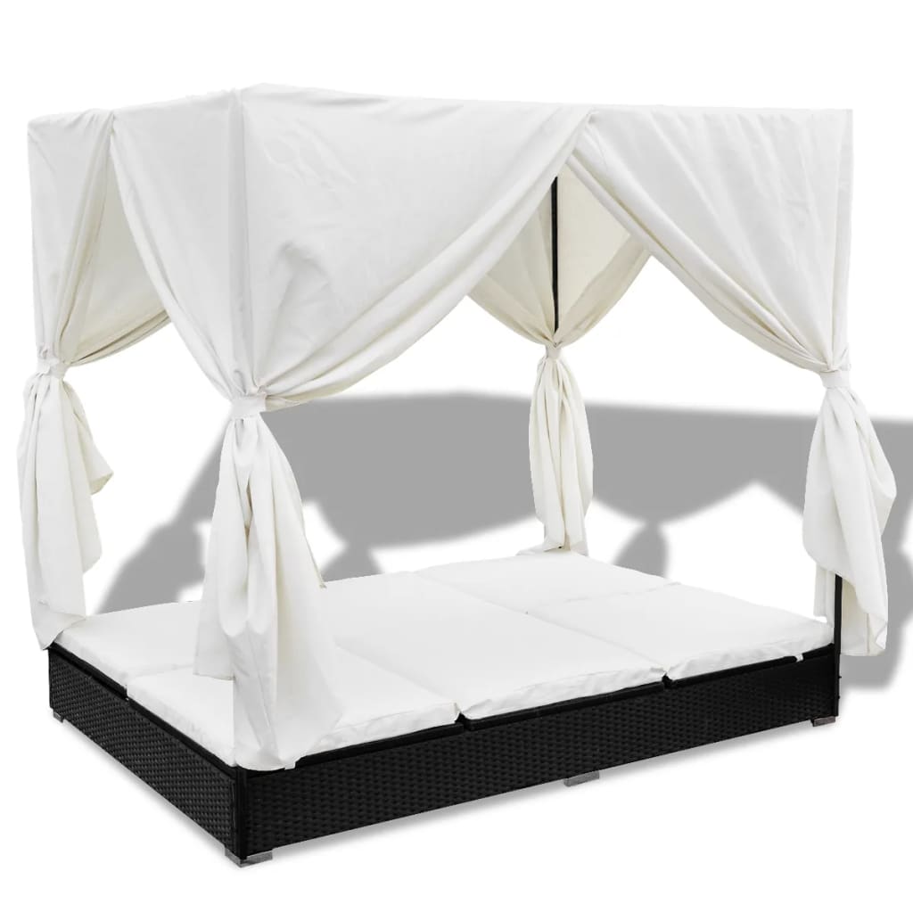 Lettino Prendisole con Tende in Polyrattan Nero - homemem39