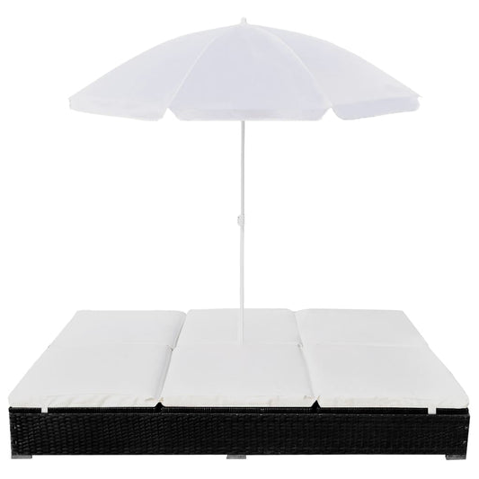 Lettino Prendisole con Ombrellone in Polyrattan Nero - homemem39