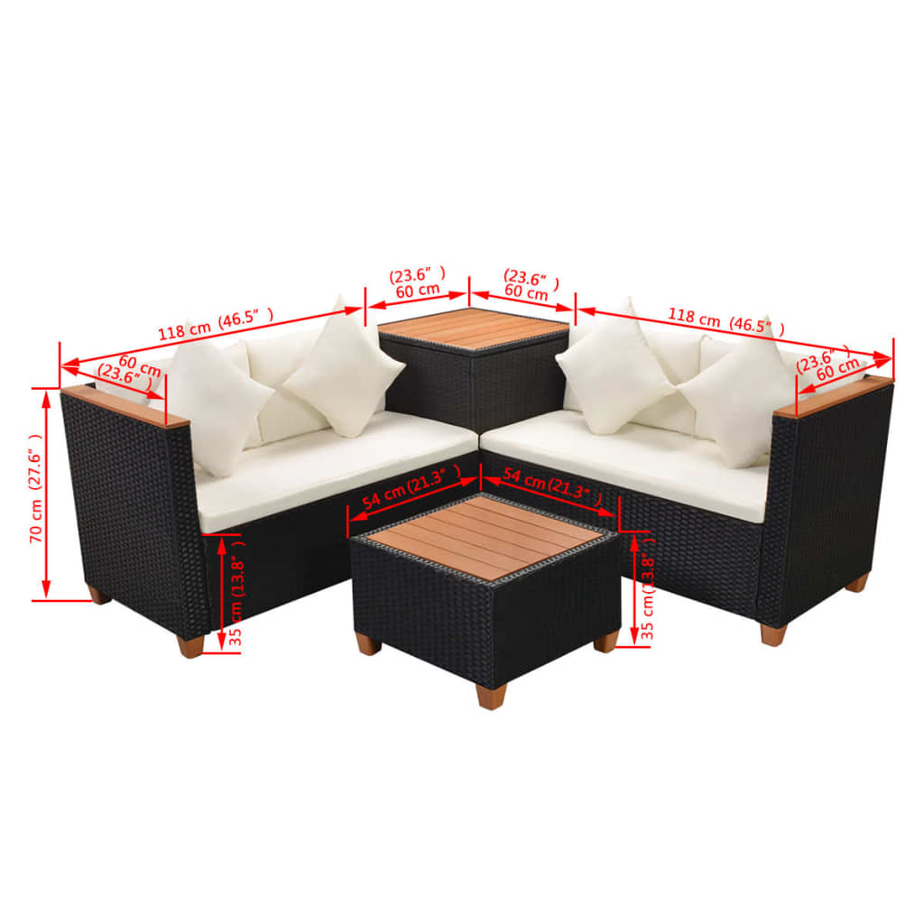 Set Divani da Giardino 4 pz con Cuscini in Polyrattan Nero | homemem39