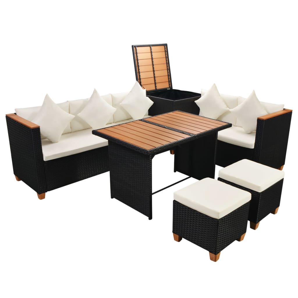 Set Divani da Giardino 7 pz con Cuscini in Polyrattan Nero | homemem39