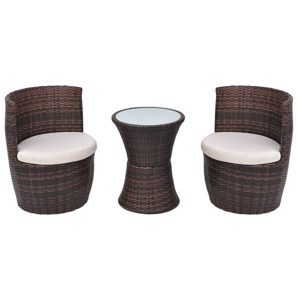 Set da Bistrot 3 pz con Cuscini in Polyrattan Marrone