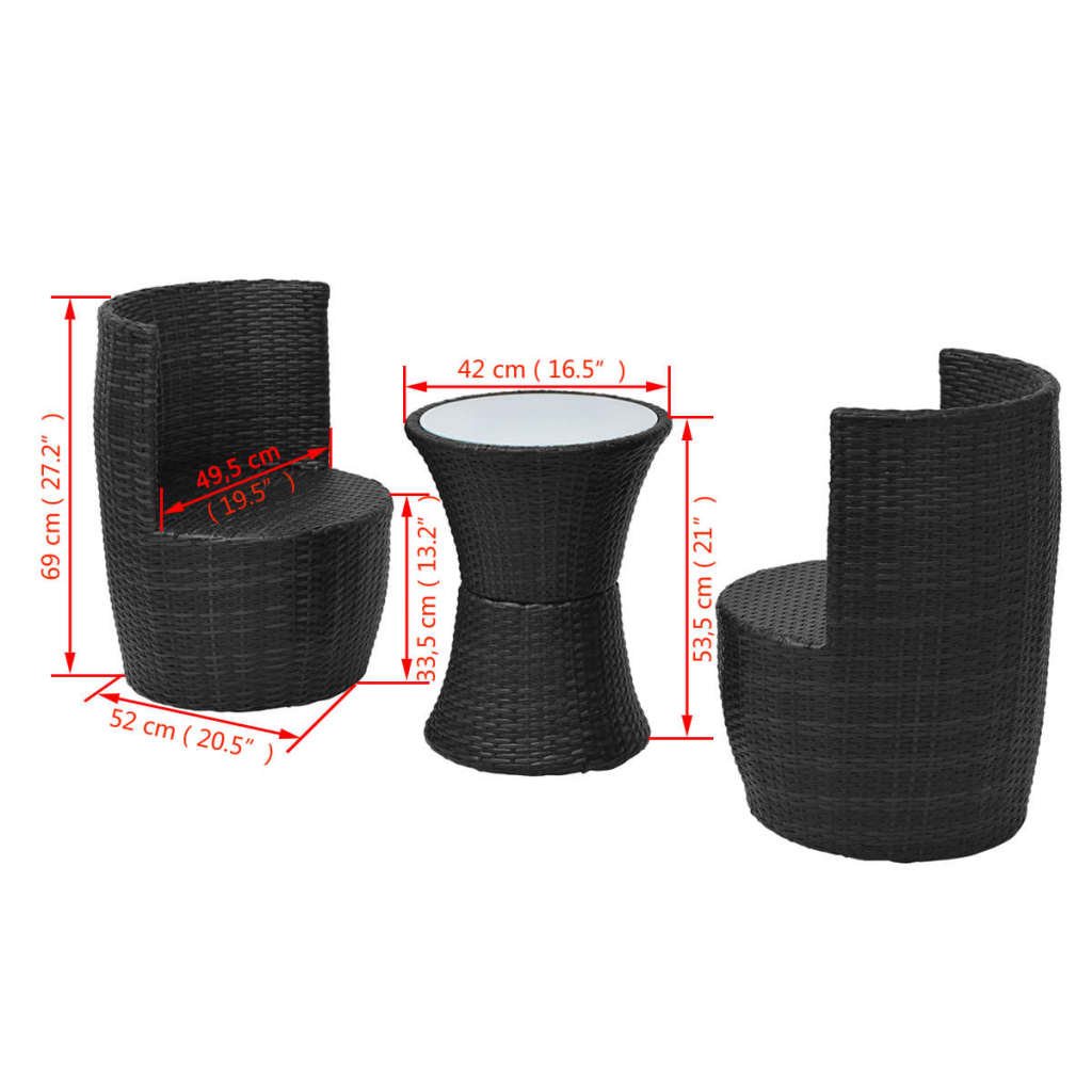 Set da Bistrot 3 pz con Cuscini in Polyrattan Nero