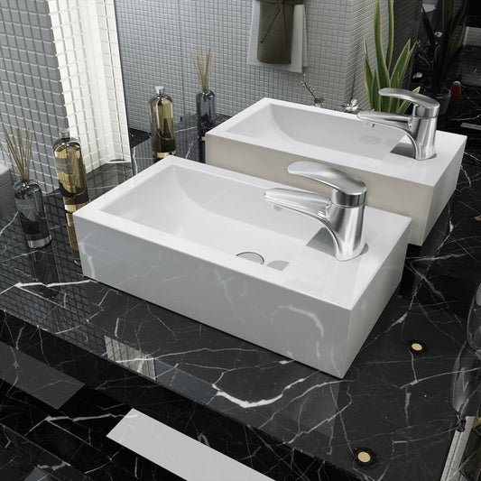 Lavandino con Foro Rubinetto Rettangolare Ceramica 46x25,5x12cm - homemem39