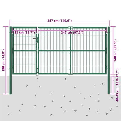 Cancello per Recinzione da Giardino con Pali 350x140 cm in Acciaio Verde | homemem39
