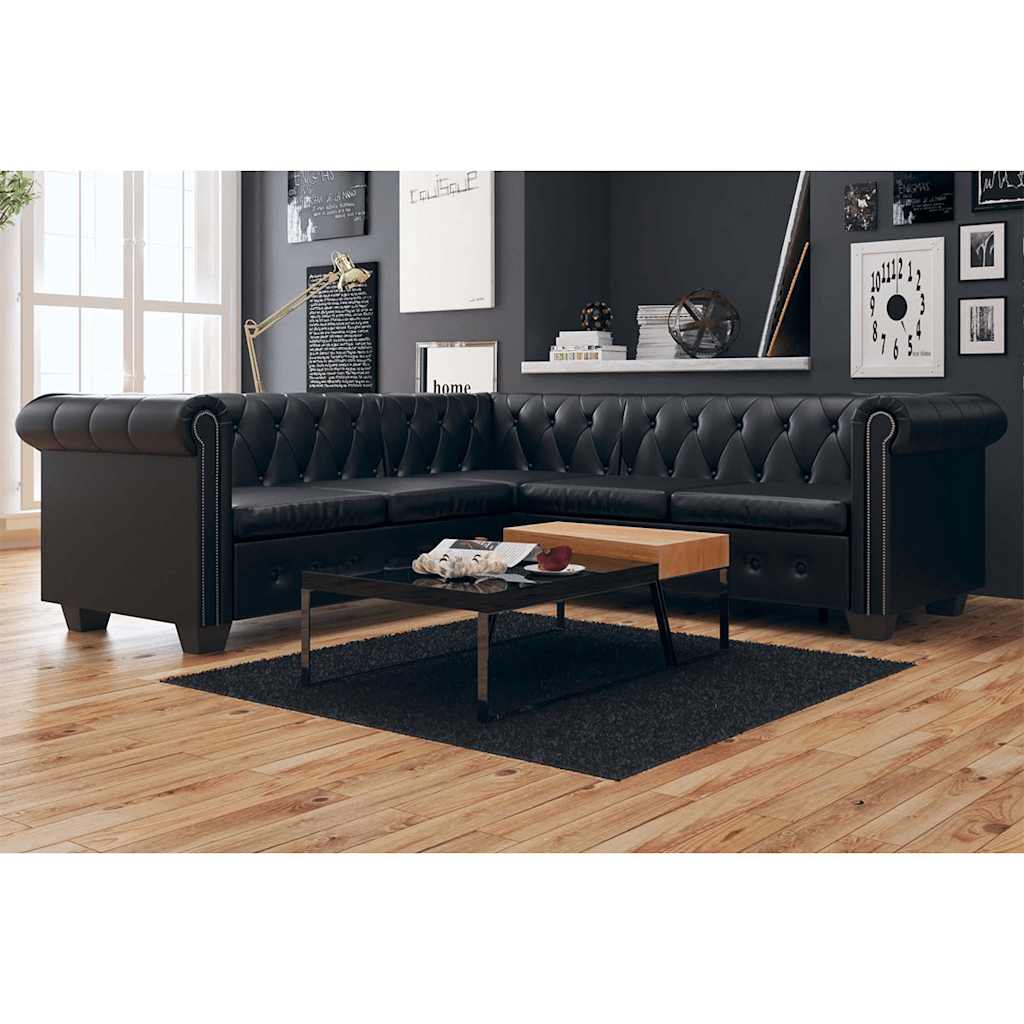 Divano Angolare Chesterfield a 5 Posti Pelle Artificiale Nera | homemem39